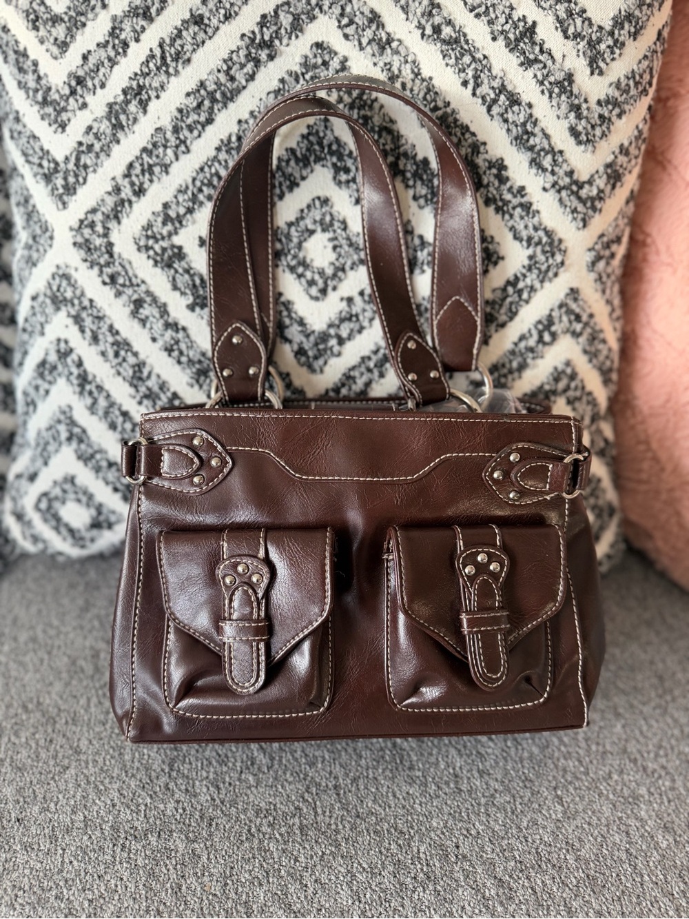 A.N.A. Brown Faux Leather Double Pocket Satchel